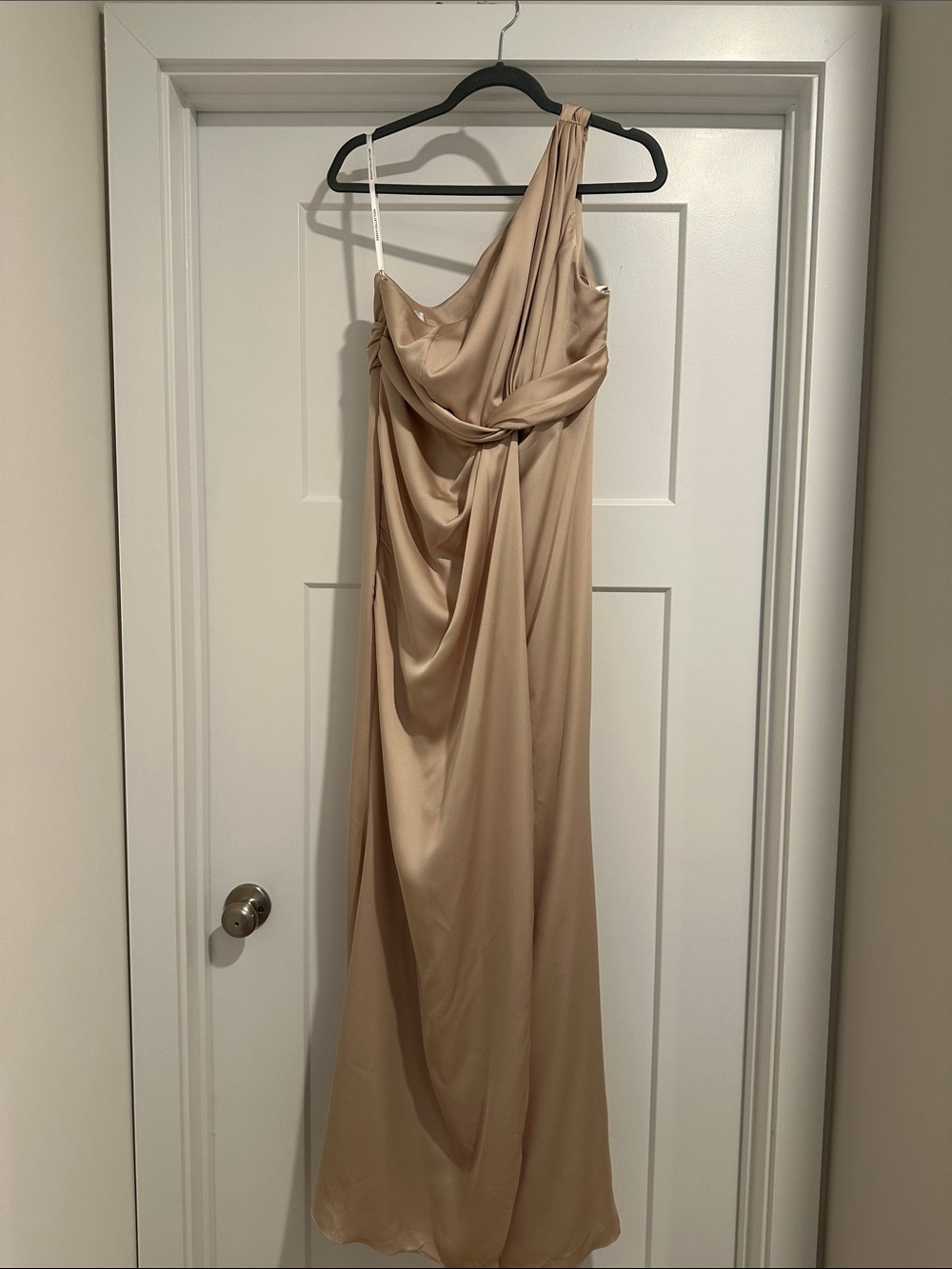 Dessy Collection One-Shoulder Satin Gown in Champagne Beige - Picture 4 of 7